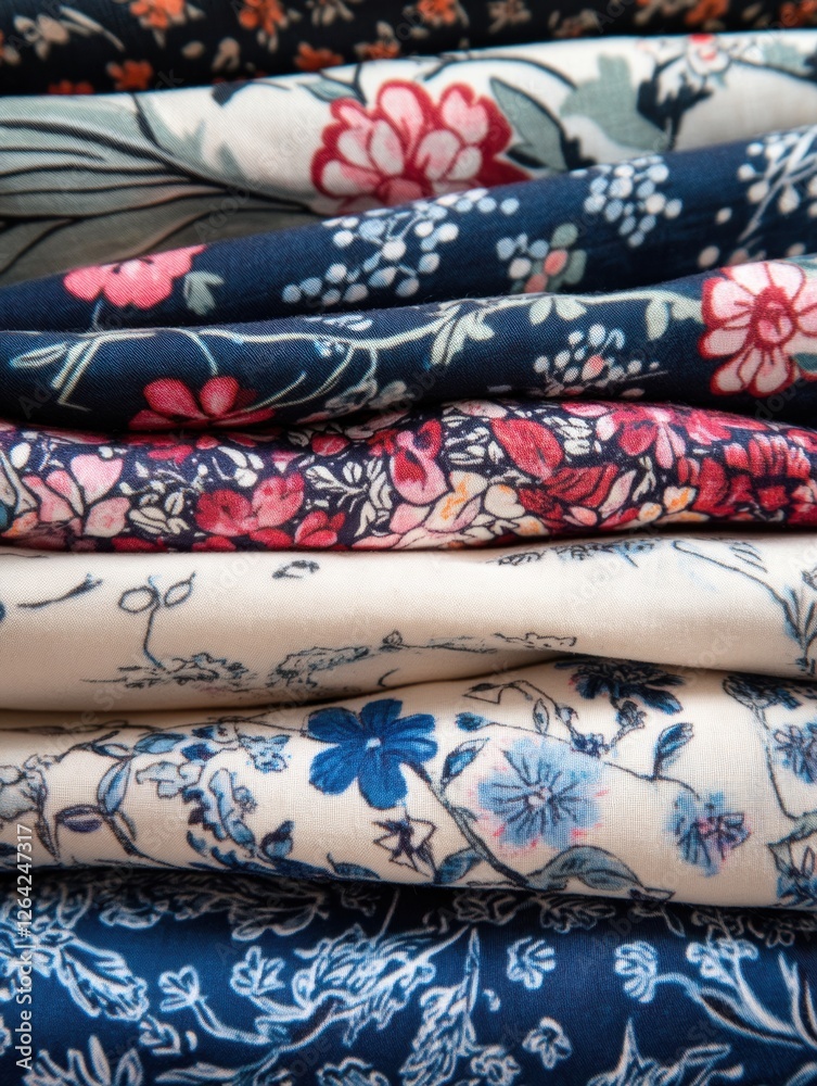 Leinwandbilder close up view of patterned fabrics with floral designs and geometric patterns in rich colors on a te