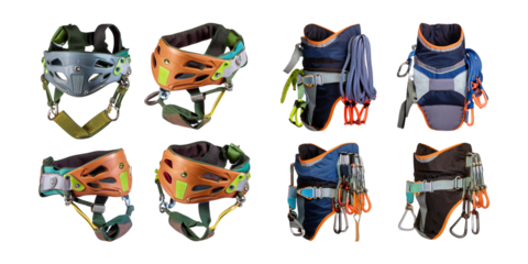 Varied Selection of Climbing Harnesses in Different Colors and Styles