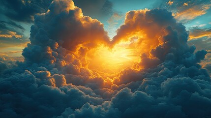 Majestic sunset forming a heart shape among vibrant clouds, symbolizing love and serenity