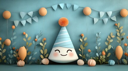 Cheerful party decoration featuring a smiling character with festive elements and vibrant foliage