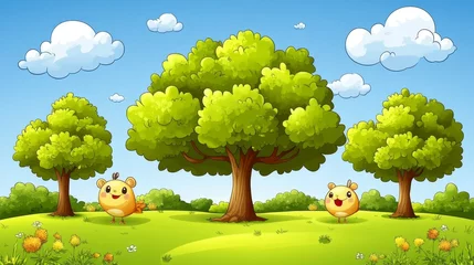 Fototapete Rund Cartoon Characters Playing in a Green Meadow Under a Blue Sky with Fluffy Clouds Cheerful Cartoon Landscape Background © Artajar