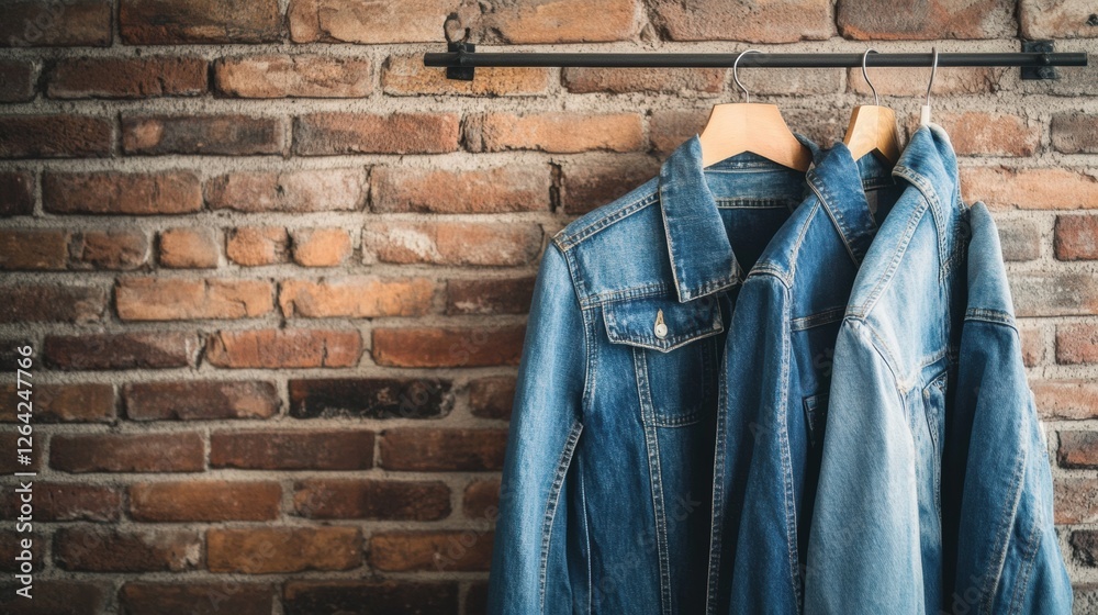 Aufkleber denim jackets hanging against rustic brick wall with space for text and design. generative ai