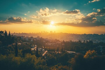 Obraz premium Golden sunset over cityscape, hills, and trees. Perfect for travel, nature, or city themes, evokes peace and tranquility.