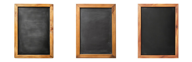 Three Wooden Frames with Blank Chalkboard Surfaces Isolated on transparent background