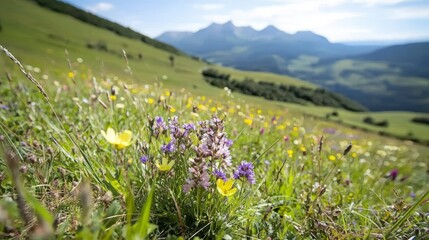 Fototapeta premium Sunny Meadow Wildflowers Mountain Landscape Nature Scene