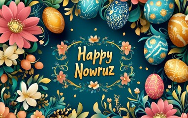 A vibrant Nowruz greeting card featuring blooming flowers, painted eggs and a rising sun, enhanced with Persian patterns and elegant "Happy Nowruz" text.