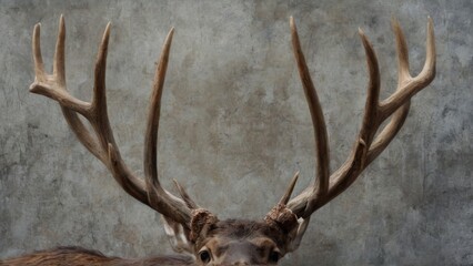 Closeup of majestic deer head with large light brown antlers against textured grungy wall, evoking dark and moody vibe.
