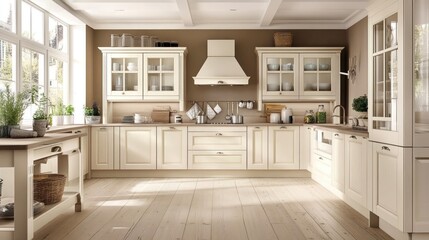 Elegant Cream Kitchen With Glass Cabinets And Wooden Floors