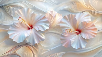 Elegant Hibiscus Blooms on Swirling Cream Canvas