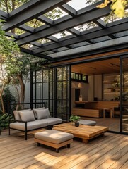 Naklejka premium Modern outdoor patio seating area with pergola and sunlight