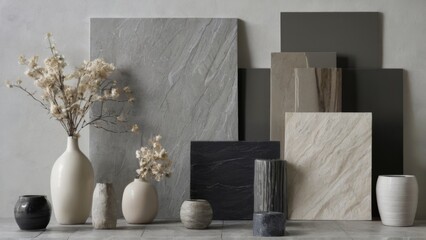 Obraz premium Decorative items arranged on tiled floor with vases and dried flowers against white wall, marblelike surface in center.