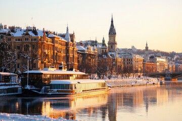 Obraz premium skyline at sunrise, snow-covered buildings reflecting in river; tourism use
