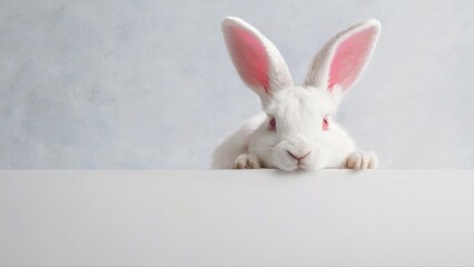Obraz premium White Rabbit CloseUp with Pink Ears Peeking Over Blank Surface in Peaceful Setting