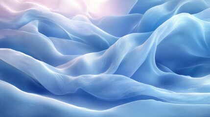 Soft, flowing blue fabric waves creating a serene atmosphere with gentle light in the background