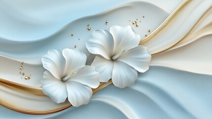 Elegant White Hibiscus Flowers on Flowing Blue and Gold Fabric