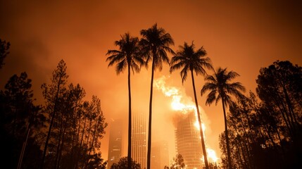 Obraz premium Dramatic Sunset Burning Building Palm Trees Cityscape Fire Smoke Haze Night Orange