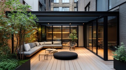 Fototapeta premium Cozy outdoor lounge area with modern design and lush greenery