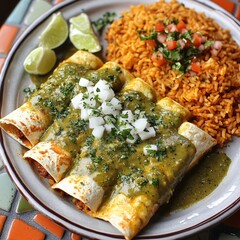 Delicious enchiladas with green sauce rice and lime served on a colorful mosaic table