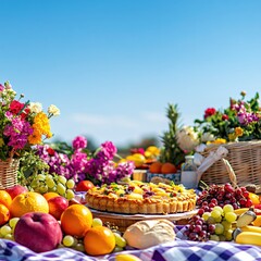Colorful picnic scene with fruit tart flowers and clear blue sky perfect for summer celebration