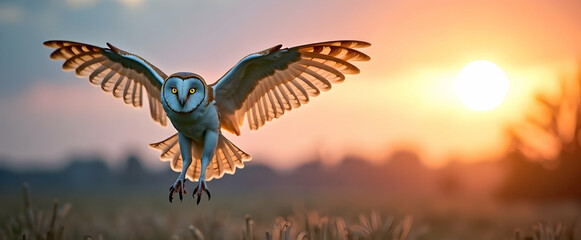 Majestic barn owl in flight, wings outstretched against a vibrant sunset. Breathtaking nature photography!