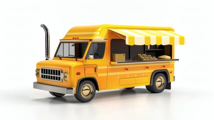 Bright Yellow Food Truck with Awning and Window Displaying Goods