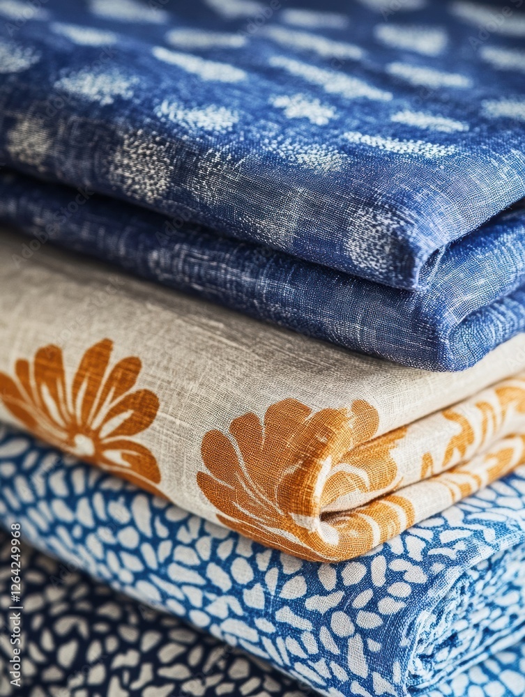 Aufkleber close up of intricately patterned fabrics featuring floral and geometric designs with ample blank sp