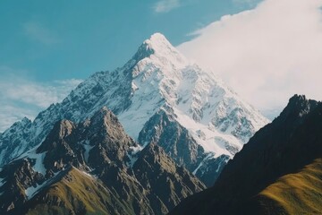 Obraz premium Majestic snow mountain against a blue sky, rocky foreground, cloudy background