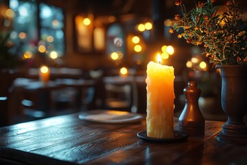 warm, cozy restaurant interior with lit candle on wooden table, surrounded by soft ambient lighting and blurred background
