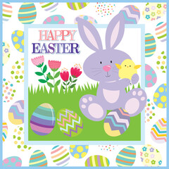 Happy Easter card with bunny, chick and eggs