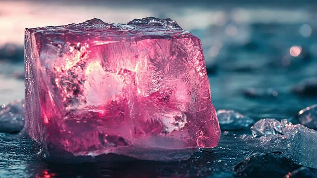 Glowing pink ice cube resting on a reflective surface, surrounded by smaller ice fragments, evoking a serene ambiance
