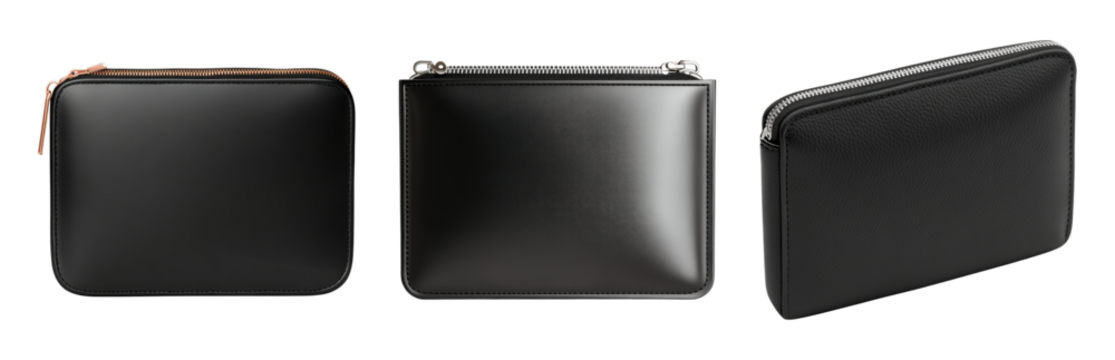 Sleek Black Pouches for Organizing Essentials Stylishly Isolated on transparent background
