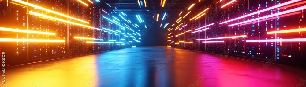 Poster futuristic data center corridor with glowing servers and neon lights in a cyberpunk style