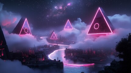 Futuristic Cityscape  Neon Pyramids  Clouds  River  Night Sky