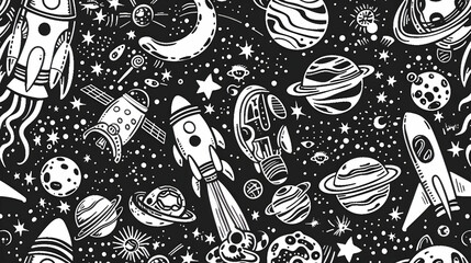 Naklejka premium Whimsical Space Adventure Featuring Rockets and Planets in a Vibrant Cosmic Scene