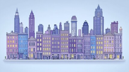Obraz premium Fantasy Urban Landscape Illustration with Vintage Buildings and Skyscrapers in Soft Pastel Colors A Tranquil Cityscape