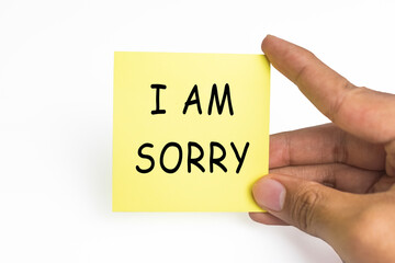 male hand holding sticky notes with i am sorry words message on white background