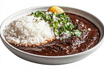 Delicious mole with rice and fresh toppings in a bowl on a white background closeup