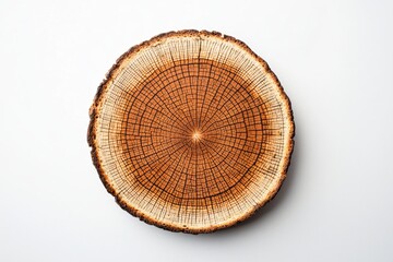 Fototapeta premium Concentric Tree Ring Patterned Wood Slice Against White Backdrop Natural Texture and Detail