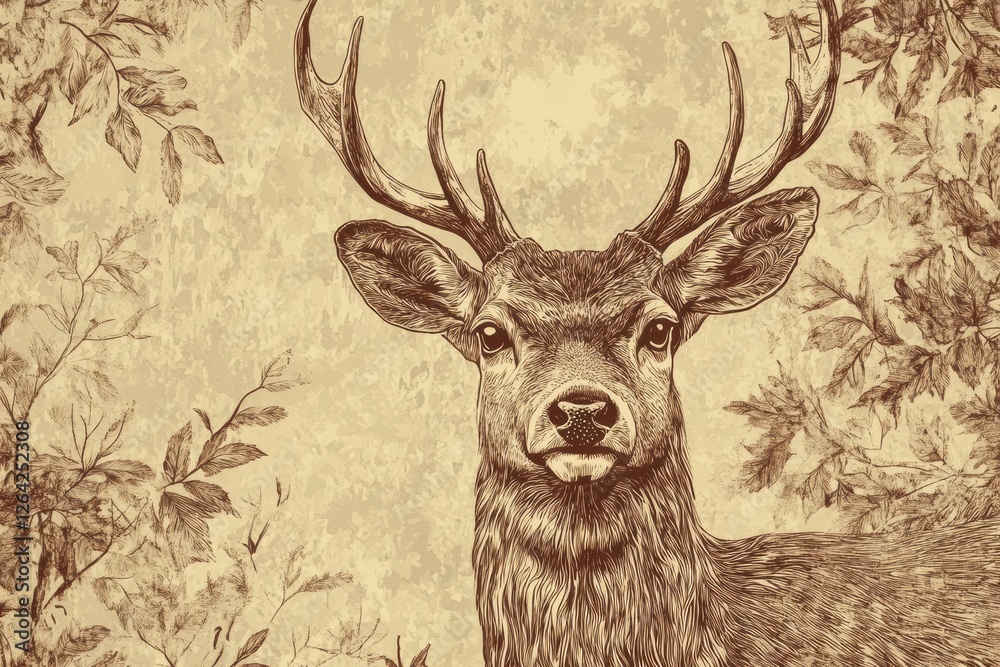 Poster Intricate engraving of a deer portrait in sepia tones featuring detailed line work and space for personalized text. Generative AI
