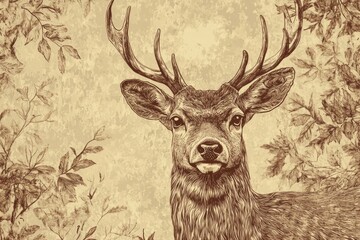 Intricate engraving of a deer portrait in sepia tones featuring detailed line work and space for personalized text. Generative AI