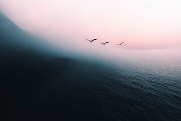Obraz premium Birds flying above the ocean. Mountain in background. Scenic, Travel