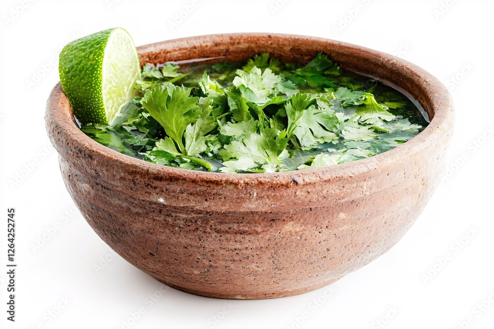 Poster Fresh Cilantro and Lime Refreshing Broth in Rustic Bowl on White Background Still Life