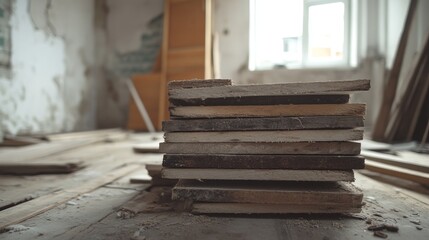 Stack of Wooden Planks in Construction Environment