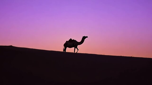 A camel is walking across a desert at sunset. The sky is a beautiful purple color, and the camel is silhouetted against the sky