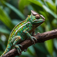 Obraz premium Chameleon Transformation: Camouflaging Among Green Leaves on Tree Branch