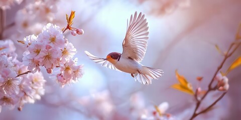 Swallow in springtime with blossoms appearing in motion.