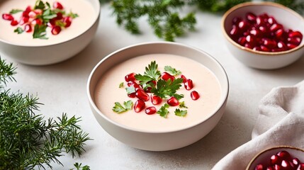 Creamy soup with pomegranate seeds and parsley garnish in bowls on a bright table top