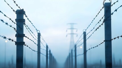 Barbed Wire Fence in Foggy Landscape