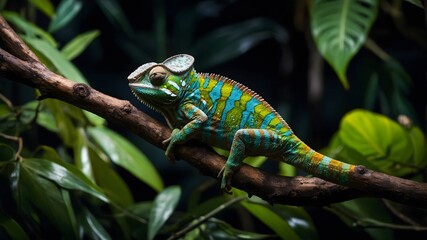 Fototapeta premium Neon Glow: Chameleon on Branch Illuminated by Intense Jungle Lighting