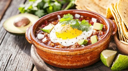 Delicious Huevos Rancheros with Avocado and Cilantro on Rustic Wooden Table Top View